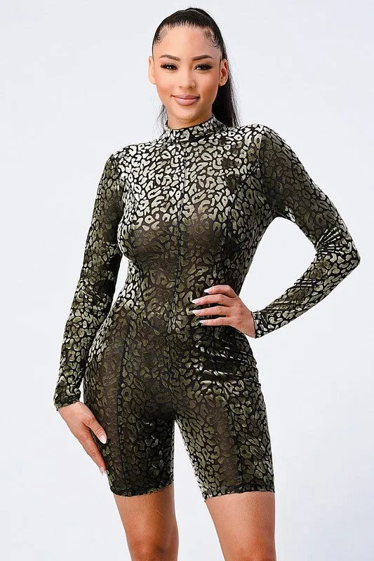 LEOPARD MESH FLOCKING LONG-SLEEVED BODYCON ROMPER