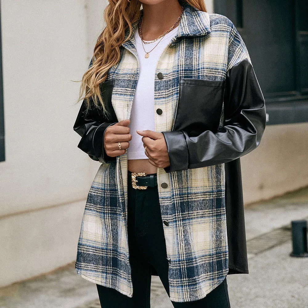 Loose Plaid Color Matching Shirt Casual Double Pocket Plaid Faux Leather Stitching Shacket Women