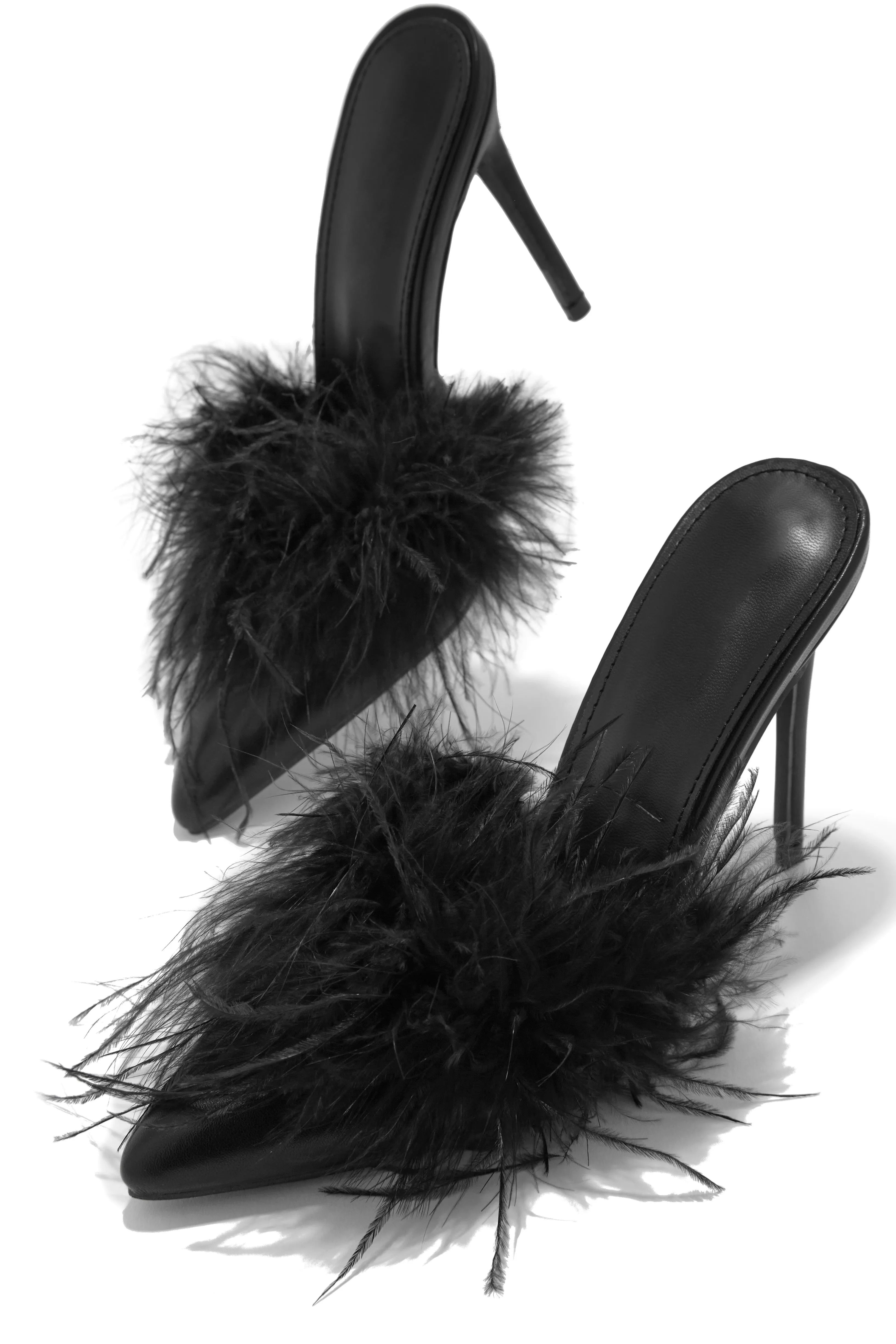 Lorelai Faux Feather Mule Heels - Black