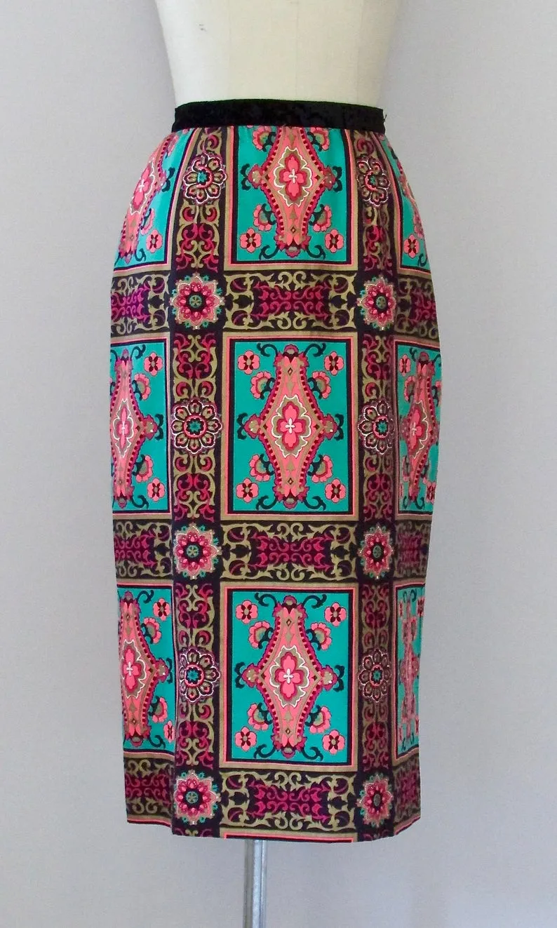 MARRAKESH EXPRESS 1960s Moroccan Style Floral Print Midi Skirt, Sz Small