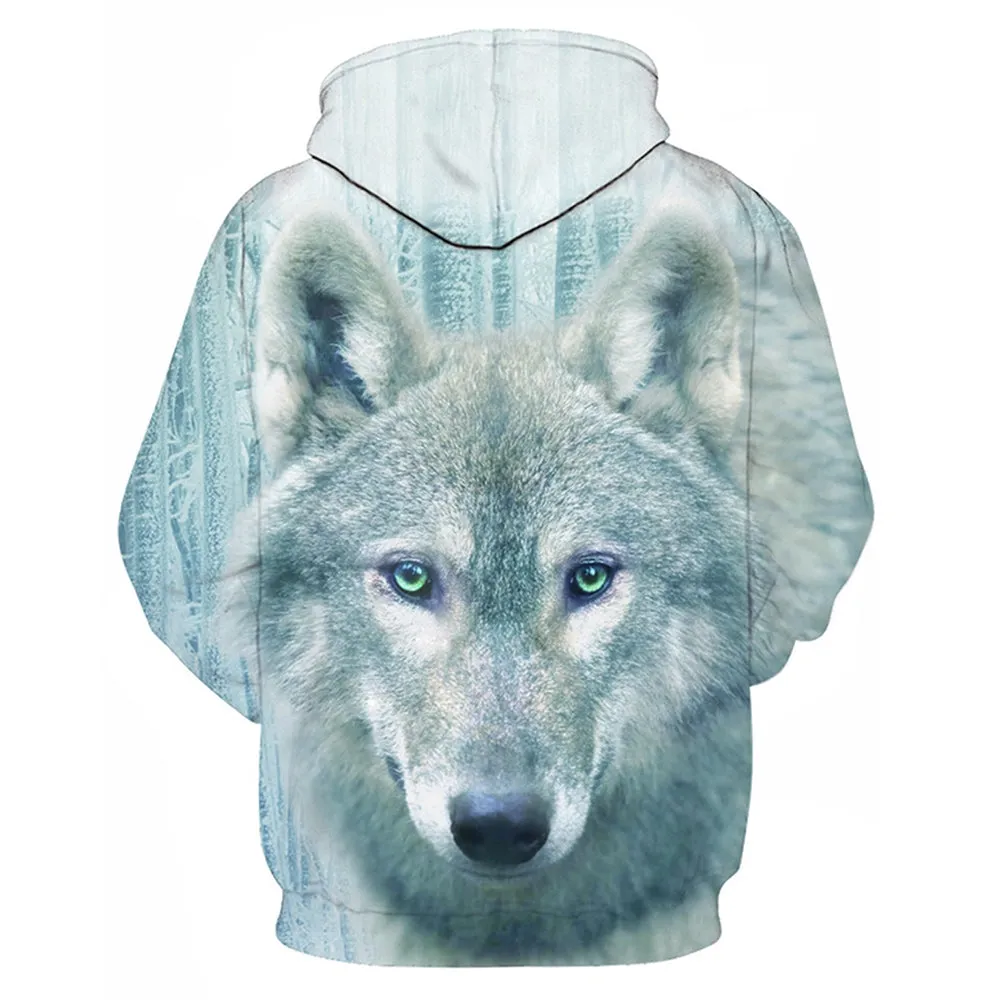 Men's 3D Wolf Print Pullover Fashion Drawstring Hoodie