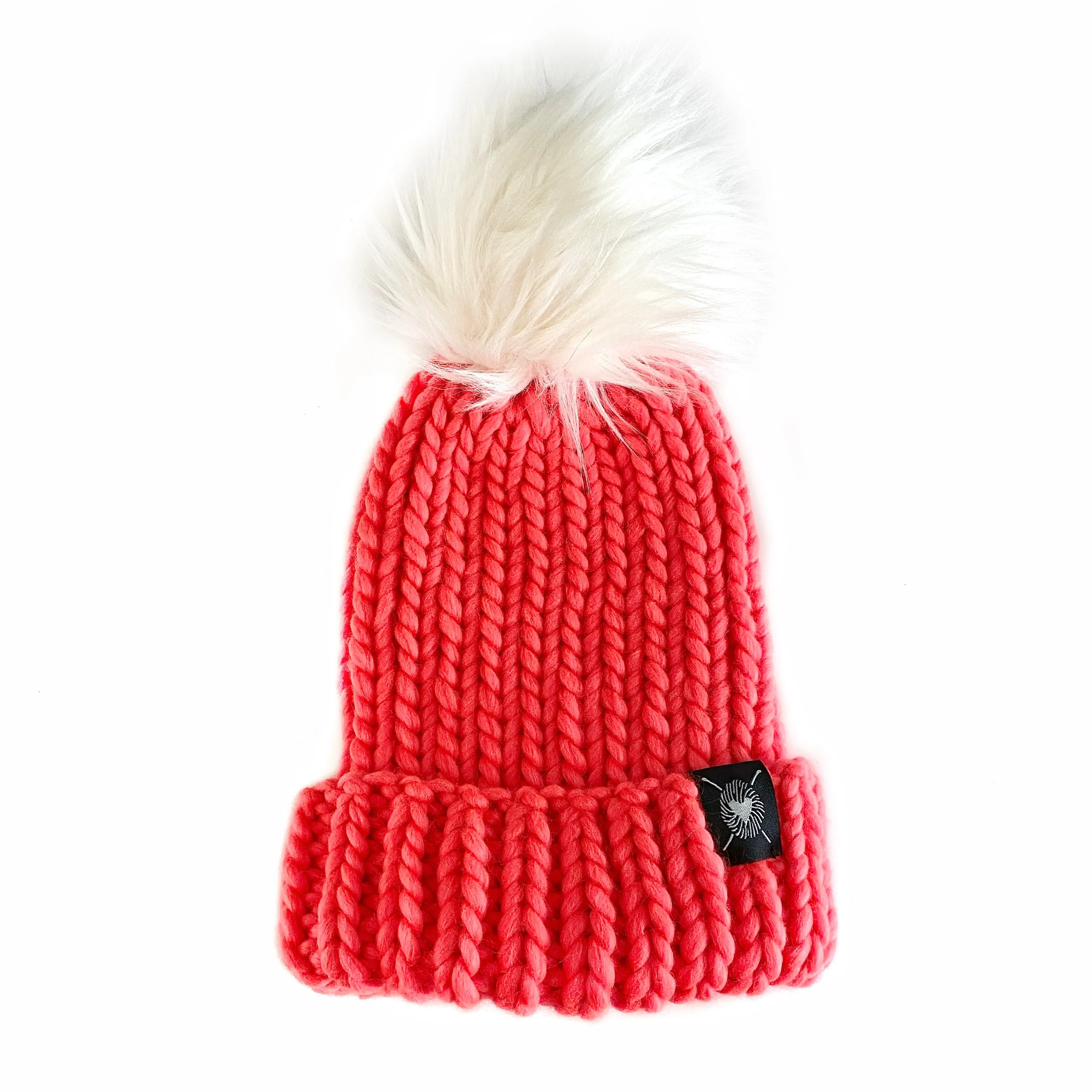 Merino Folded Brim Faux Fur Pom-Pom Beanie in Neon Orange