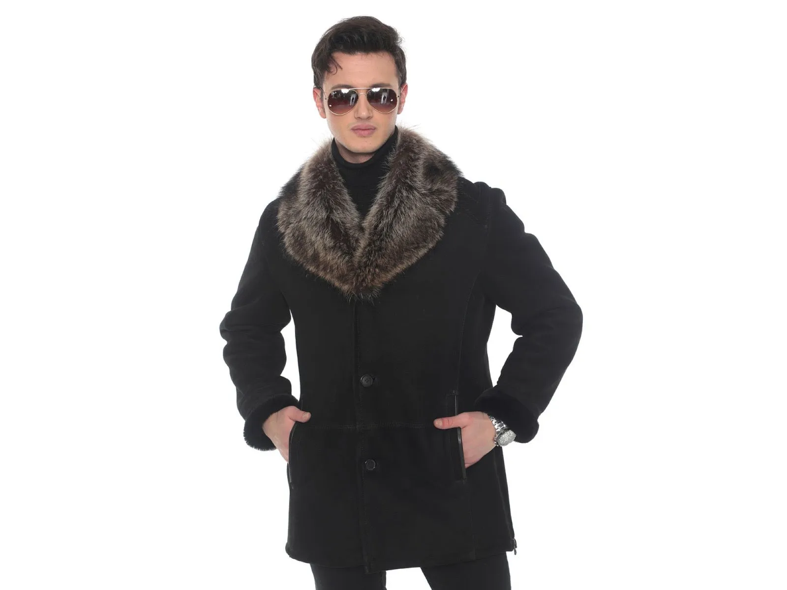 Midnight Elegance: Men's Lamb Suede Jacket with Raccoon Fur Collar