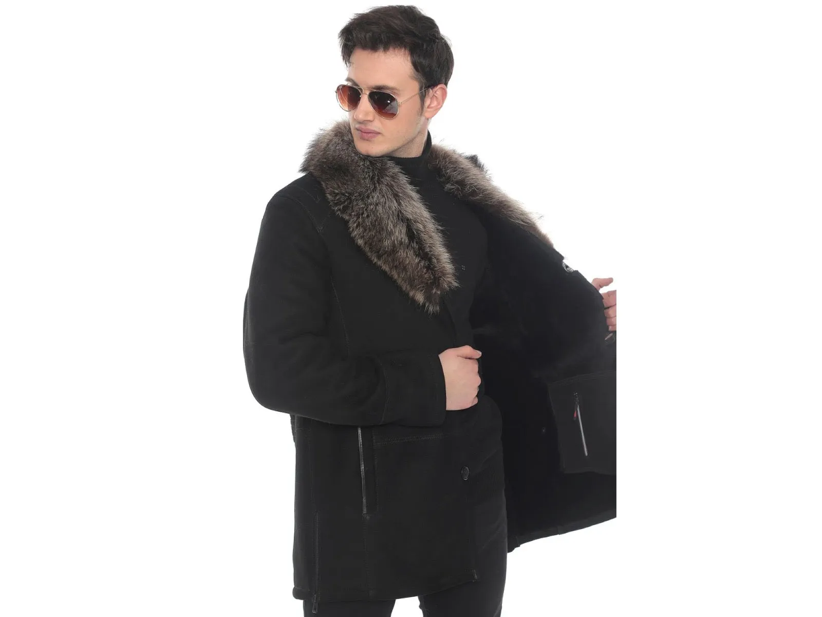 Midnight Elegance: Men's Lamb Suede Jacket with Raccoon Fur Collar