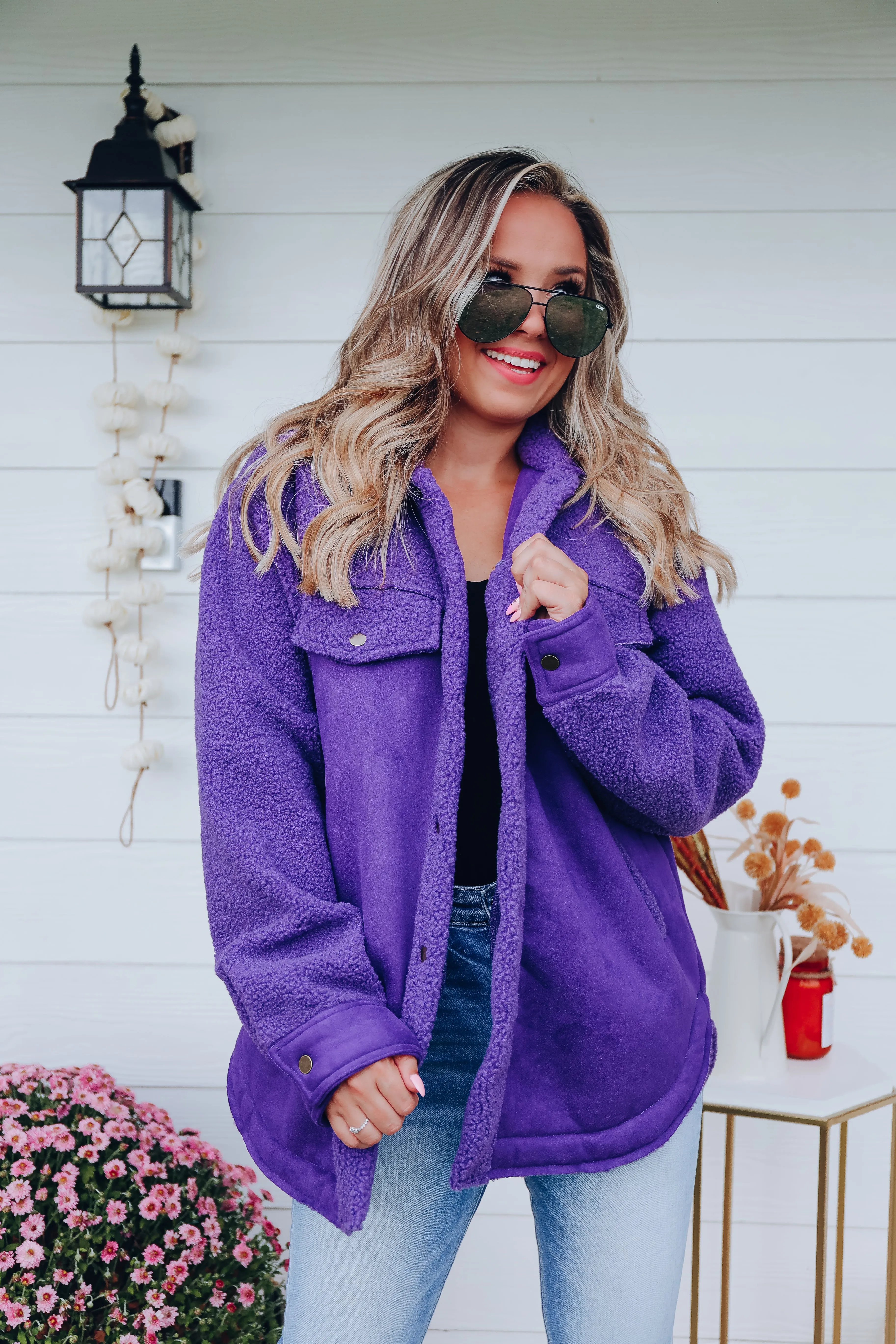 Minnesota Mix Sherpa and Faux Suede Shacket - Purple