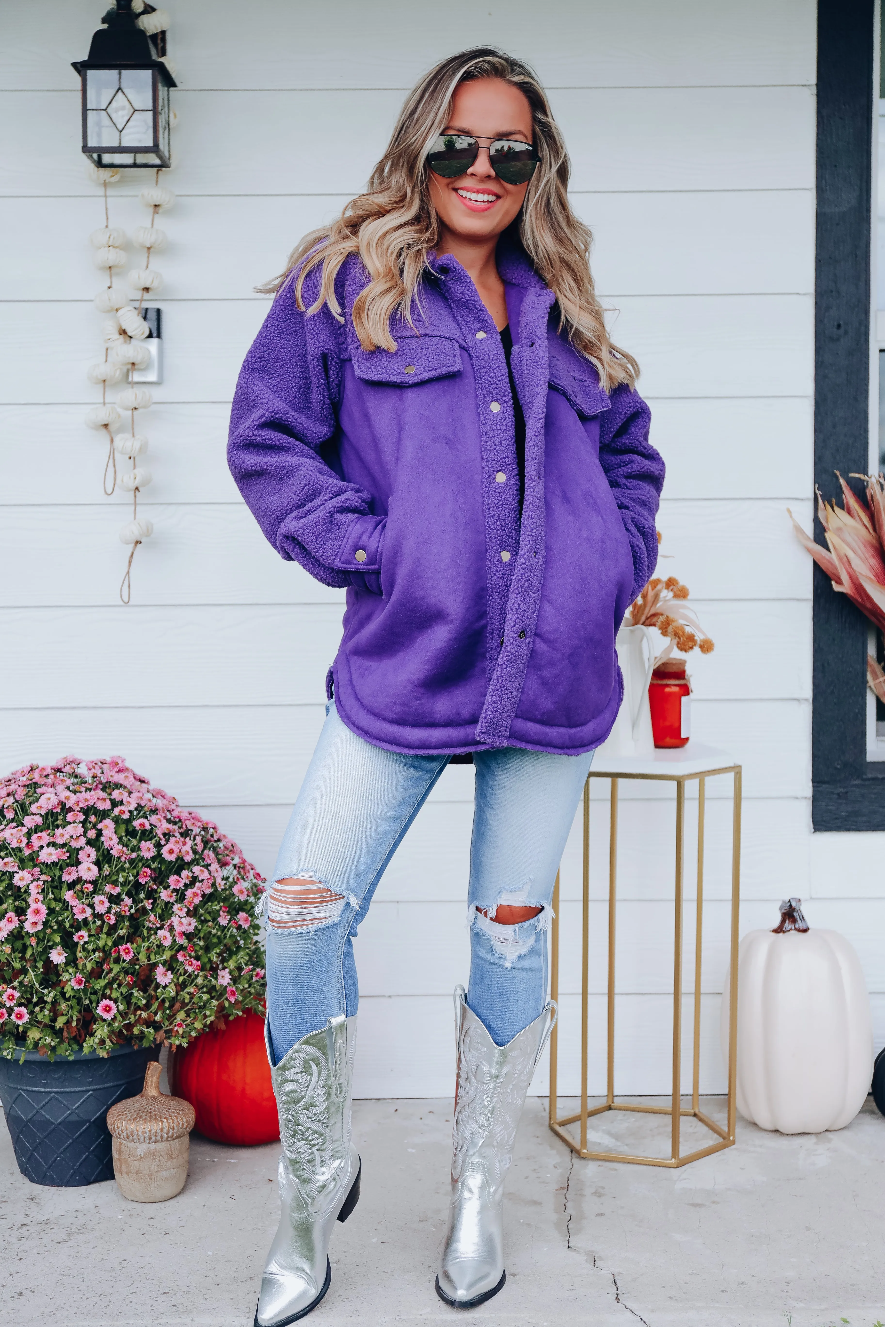 Minnesota Mix Sherpa and Faux Suede Shacket - Purple