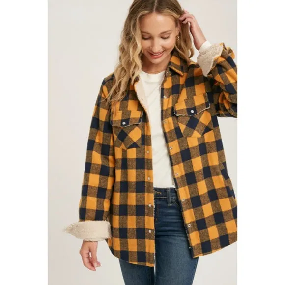 Mustard Buffalo Plaid Checkered Sherpa Lined Shacket Shirt Jacket Casual Womens