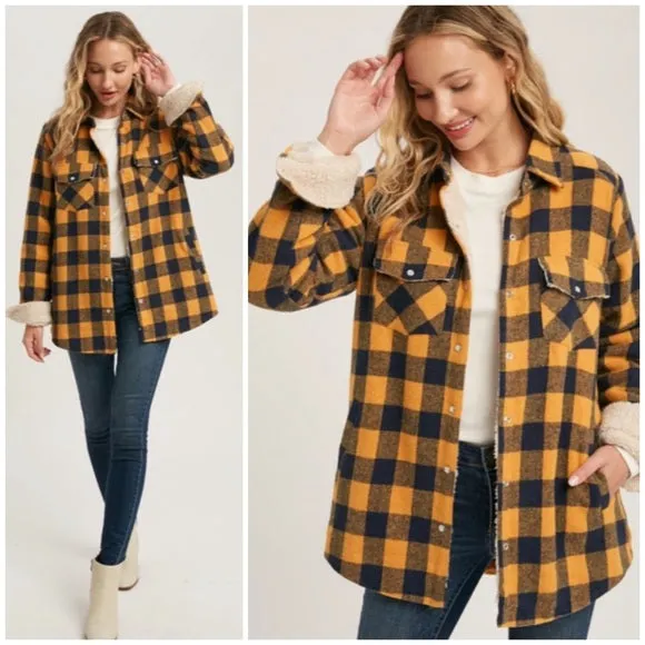 Mustard Buffalo Plaid Checkered Sherpa Lined Shacket Shirt Jacket Casual Womens