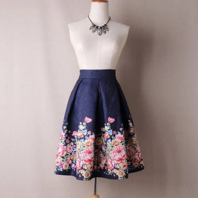 Neophil Ladies Jacquard Flower Print Pleated Ball Skirt