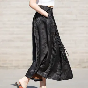 New Chinese-style Black Vintage Pattern Mulberry Silk Midi Skirt Mamianqun Skirt