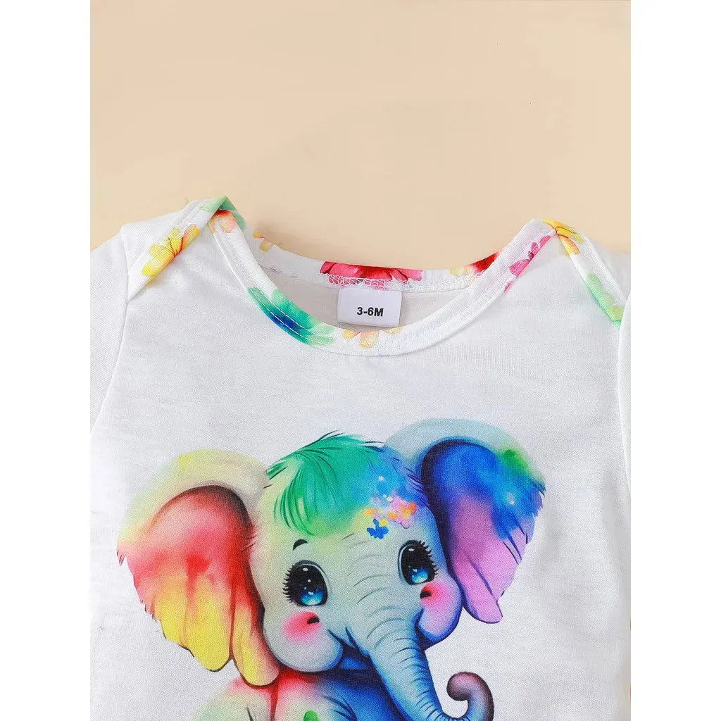 Newborn Baby Girl Clothing Set Short Sleeved Elephant Bodysuit Flower Shorts Summer Casual Outfits for 0-24 Months Toddler 3pcs