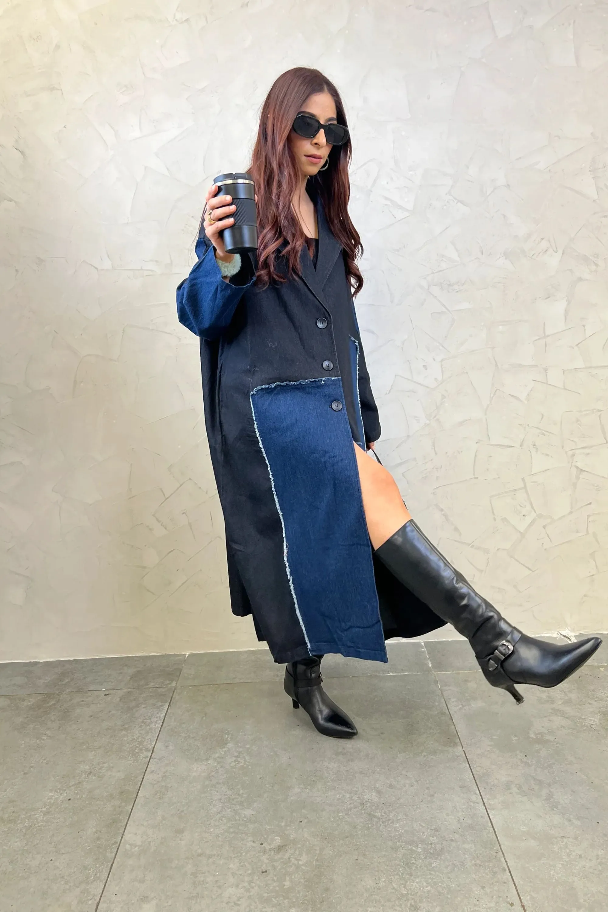 Patchwork Denim Long Trench Coat