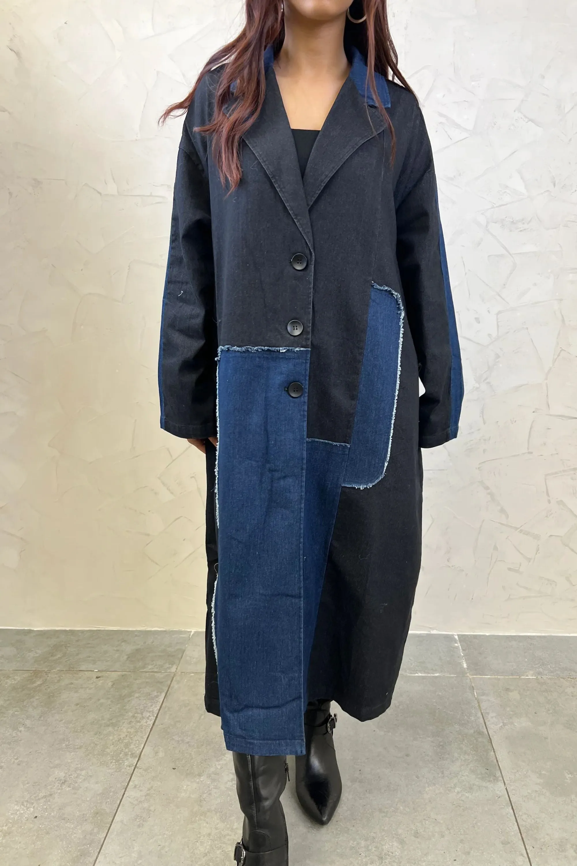 Patchwork Denim Long Trench Coat