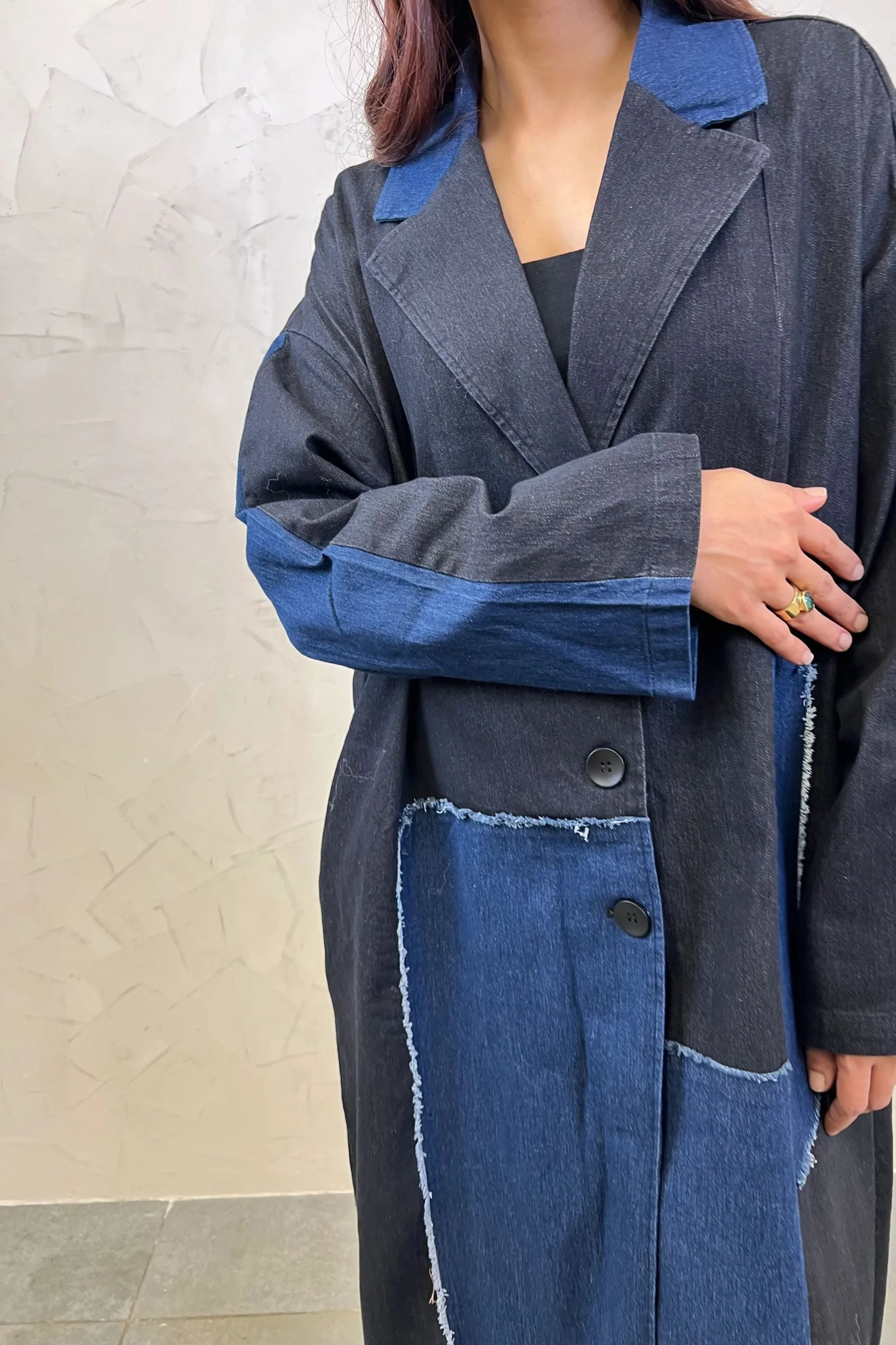 Patchwork Denim Long Trench Coat