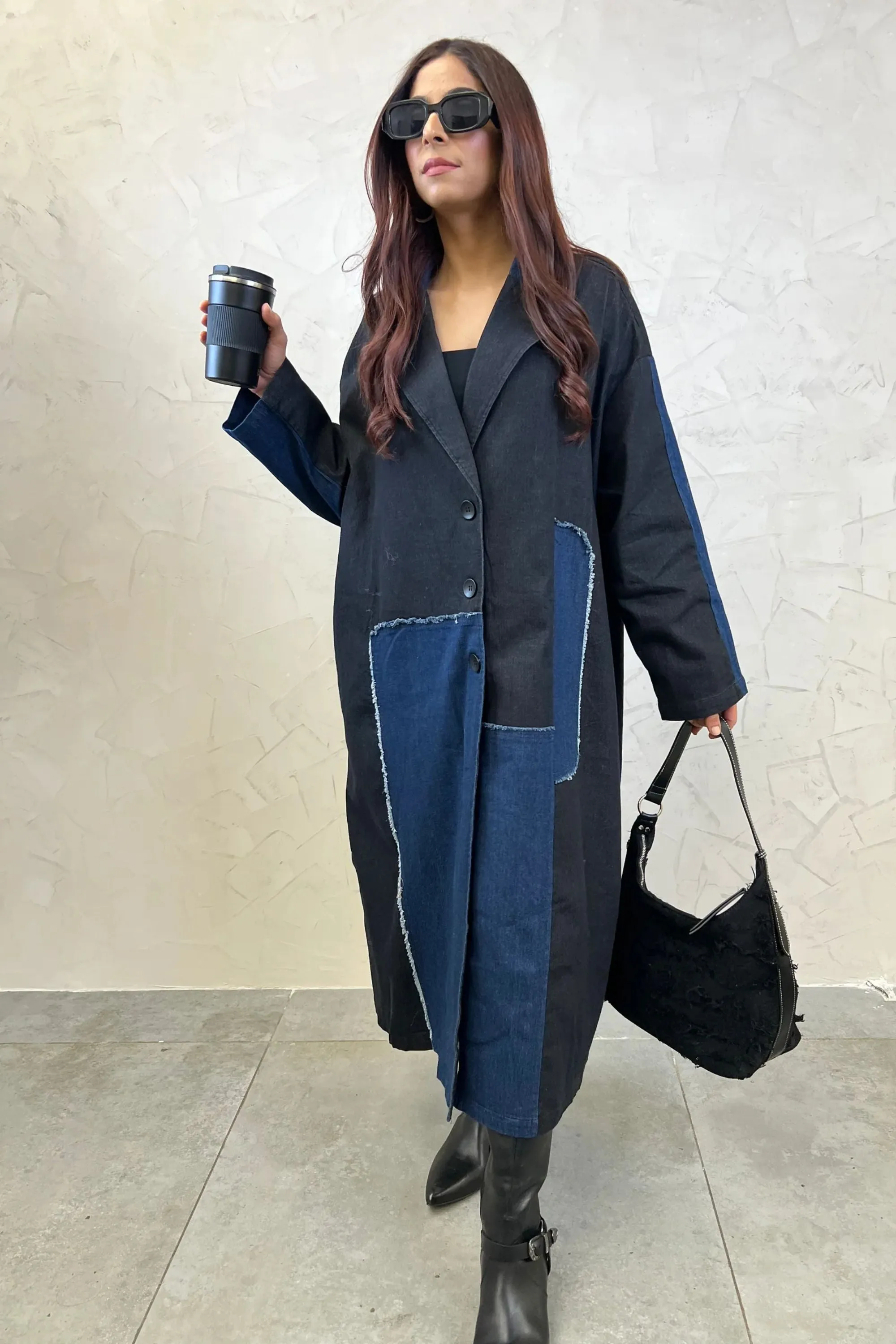 Patchwork Denim Long Trench Coat