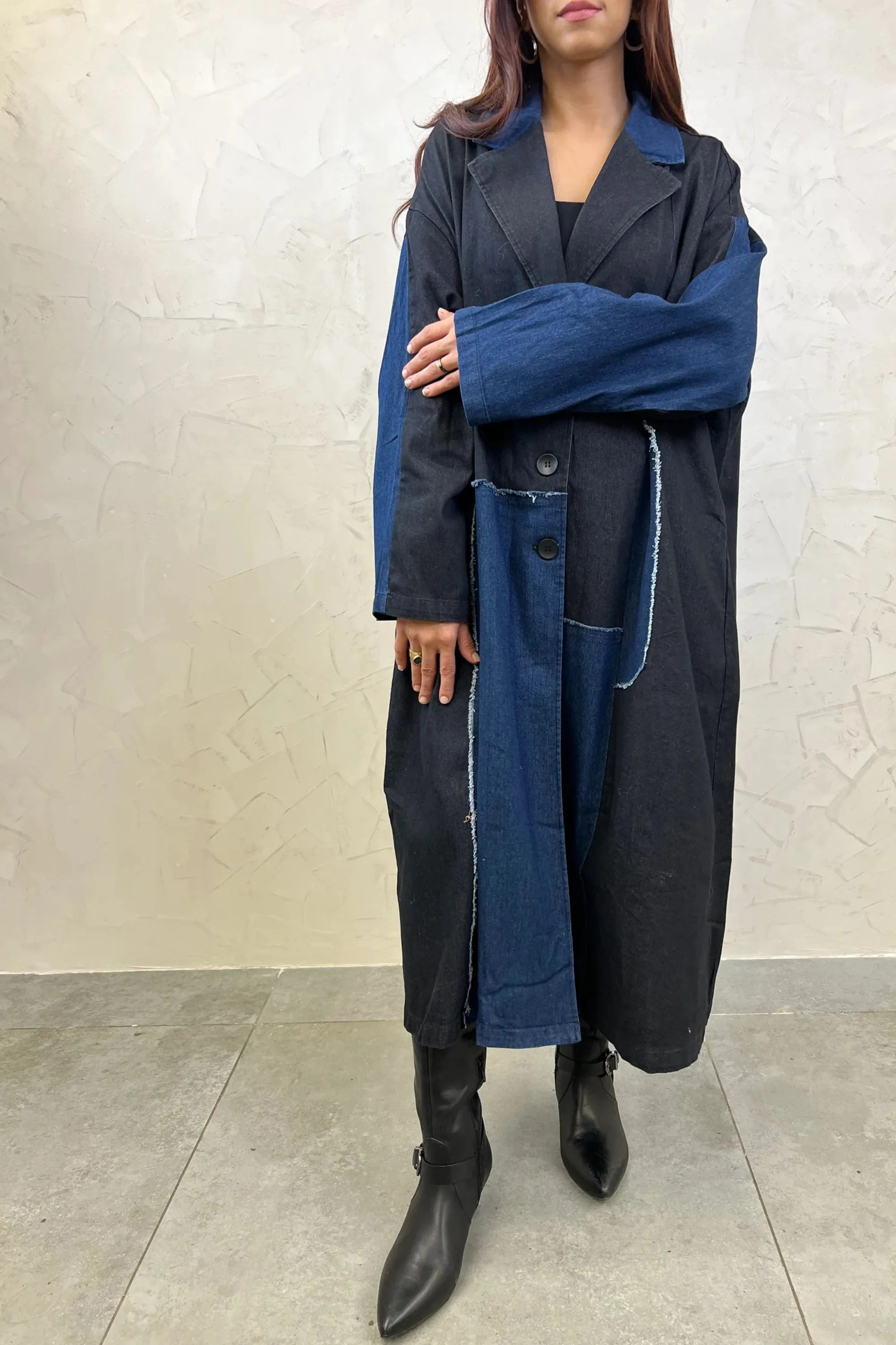 Patchwork Denim Long Trench Coat