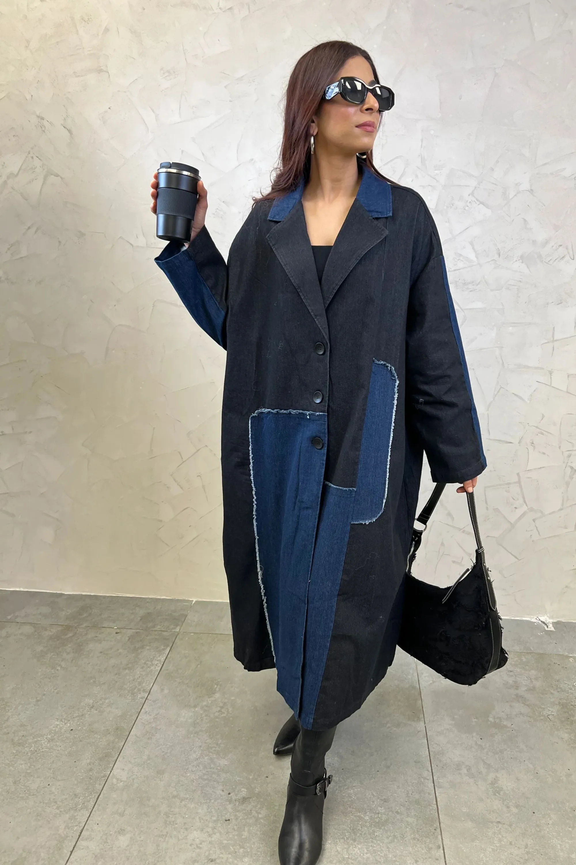 Patchwork Denim Long Trench Coat