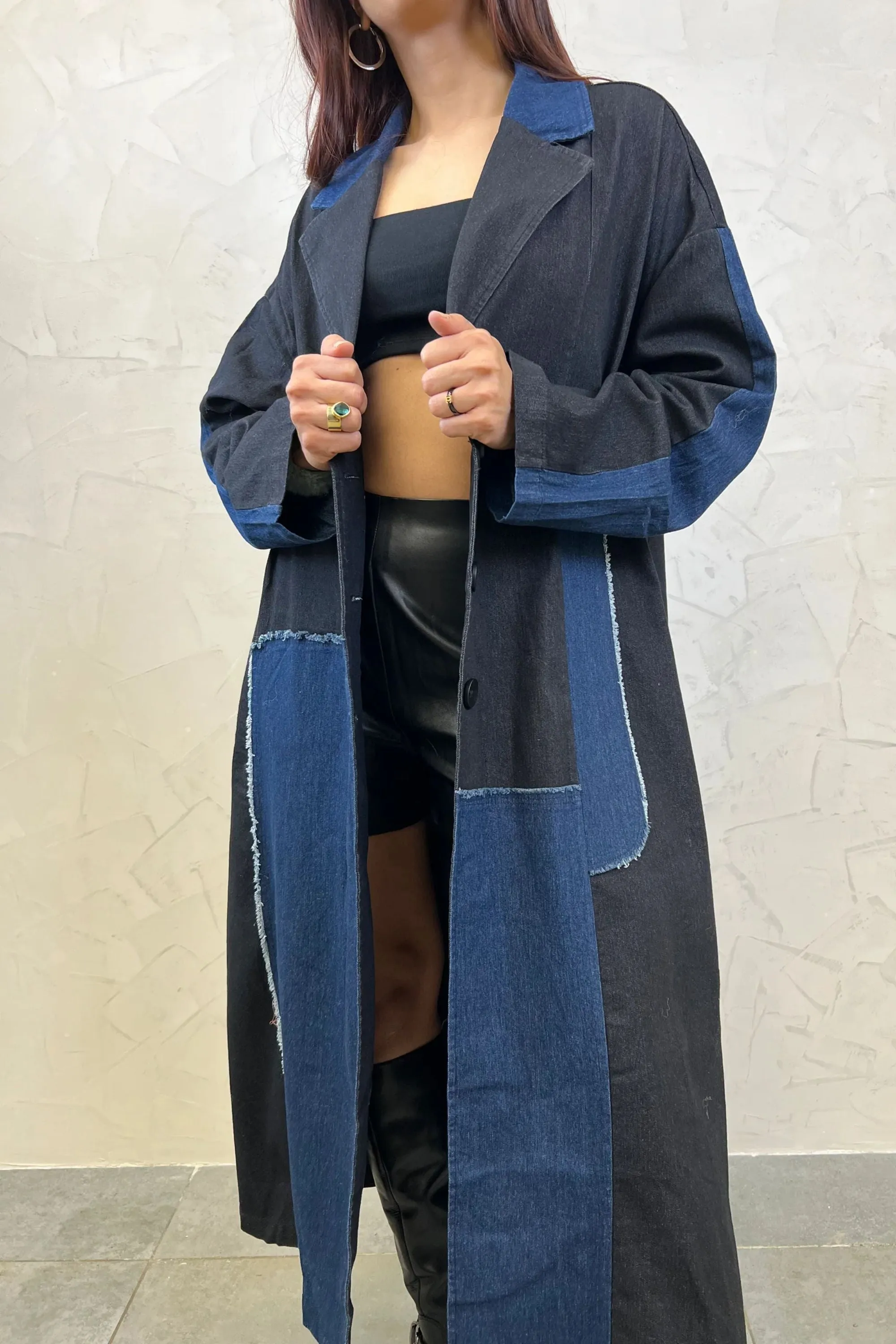 Patchwork Denim Long Trench Coat