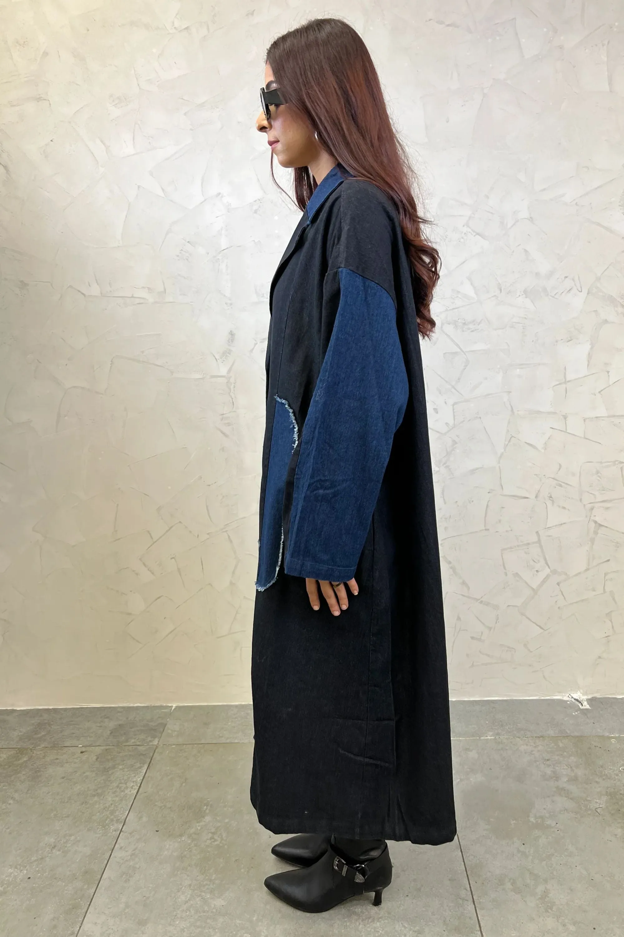 Patchwork Denim Long Trench Coat