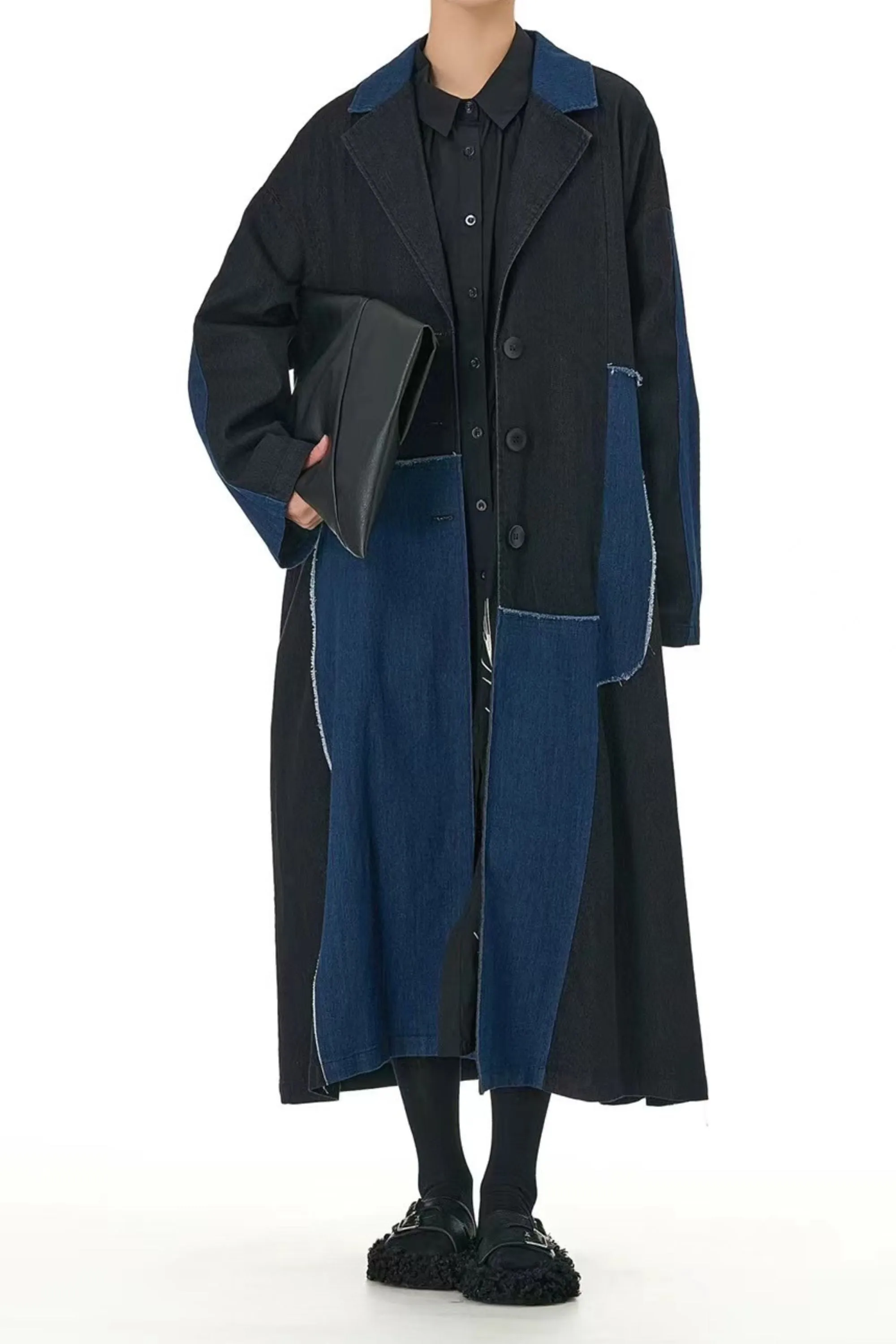 Patchwork Denim Long Trench Coat