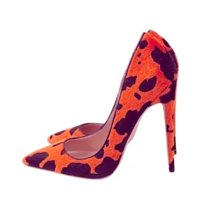 Pre Order:  Orange Cow Printed Flock Pointed-Toe Shoes