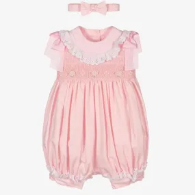 PRETTY ORIGINALS - Smocked Romper & Hairband - Pink