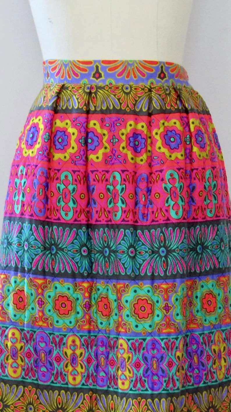 PSYCHEDELIC CHIC 1960s Quilted Acid Floral Print Midi Skirt, Sz Small