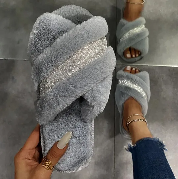 Rhinestone Faux-Fur Slippers for Women