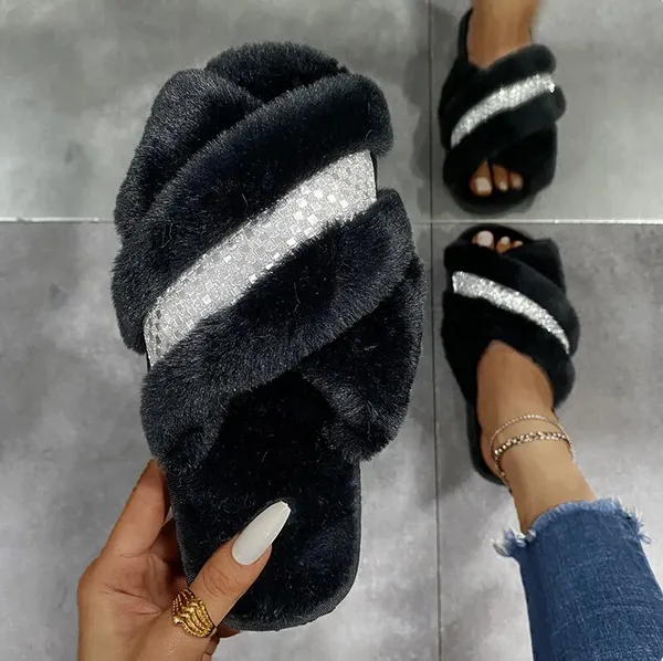 Rhinestone Faux-Fur Slippers for Women