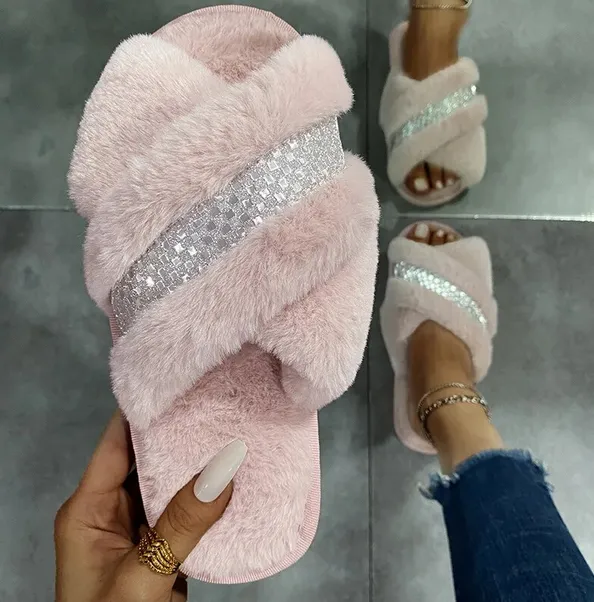 Rhinestone Faux-Fur Slippers for Women