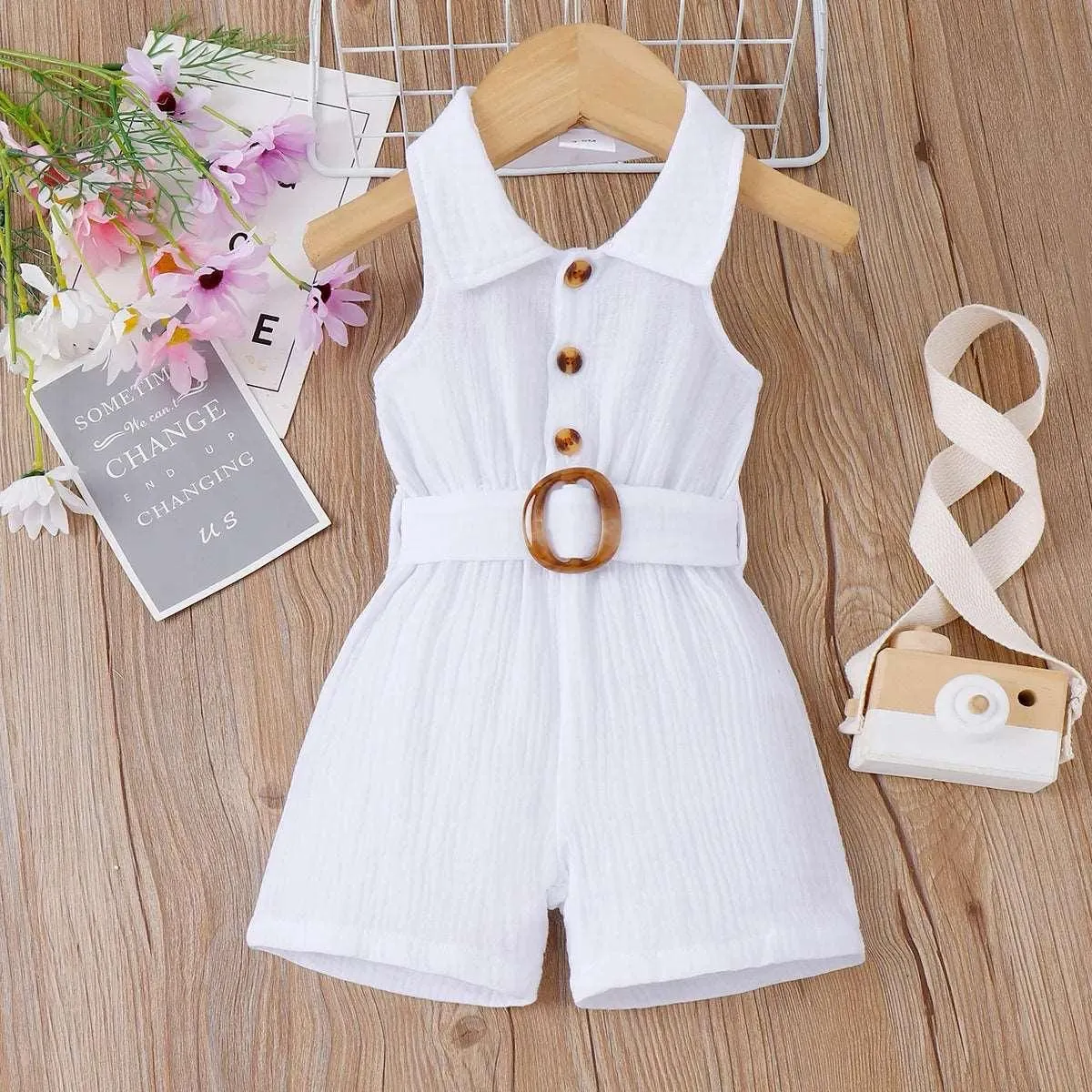 Ribbed Rompers with Belted Lapel Neck - Infant Girl