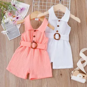 Ribbed Rompers with Belted Lapel Neck - Infant Girl