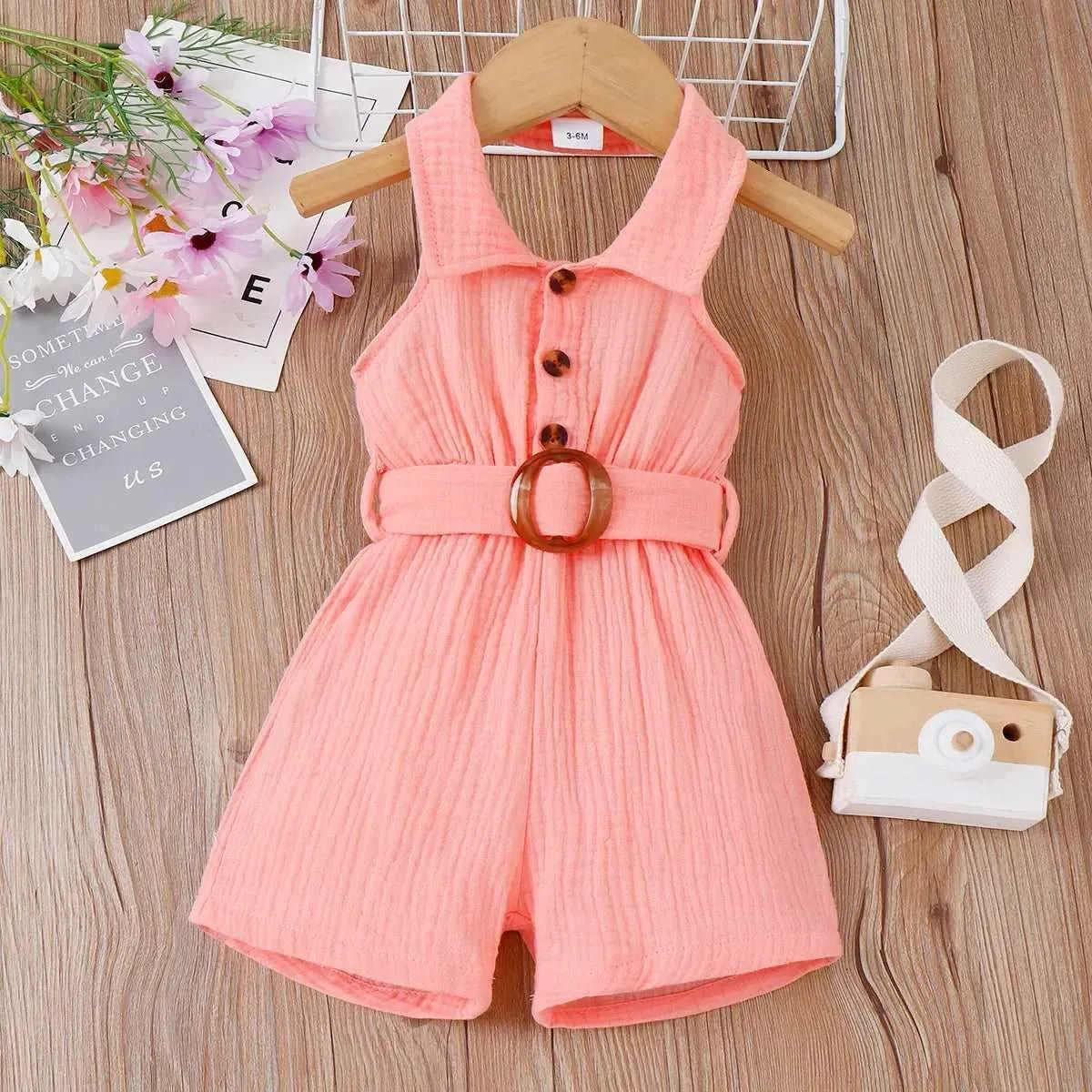 Ribbed Rompers with Belted Lapel Neck - Infant Girl