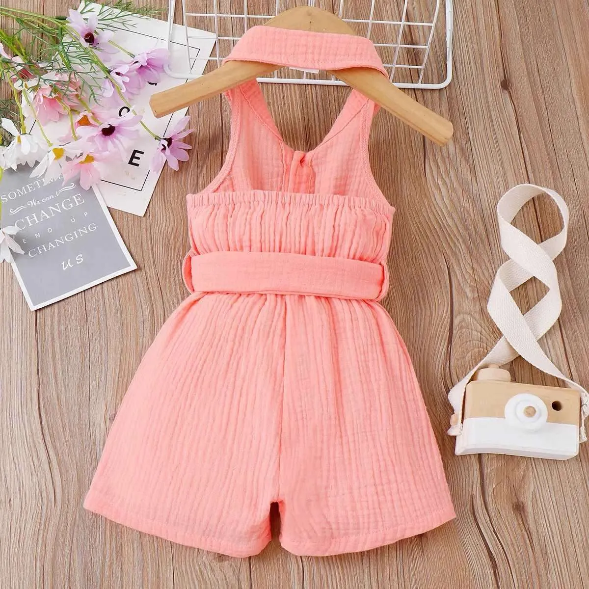 Ribbed Rompers with Belted Lapel Neck - Infant Girl