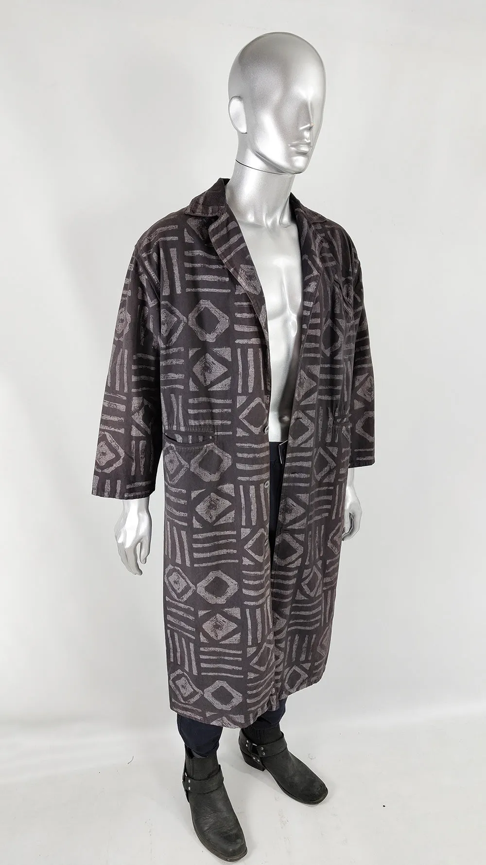 Sing Sing of Ibiza Vintage Mens Tribal Print Maxi Coat, 1980s