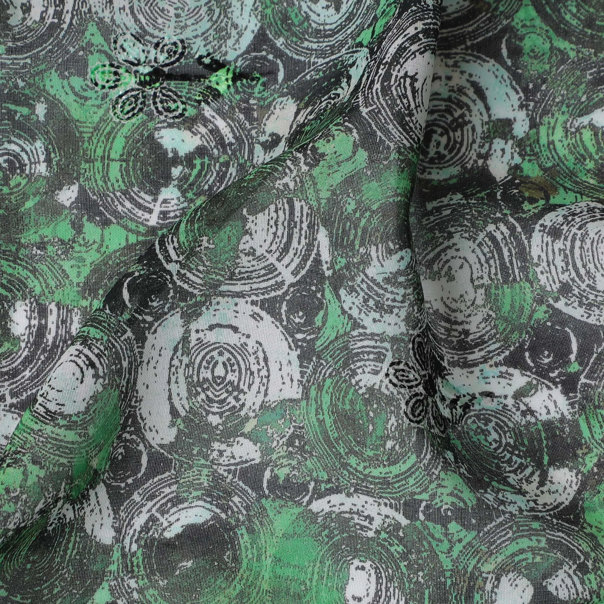 Slate Gray Premium Cotton Voile Fabric with Vibrant Green Coin Motifs - Traditional Thobe Material, 140 cm Wide-D20230