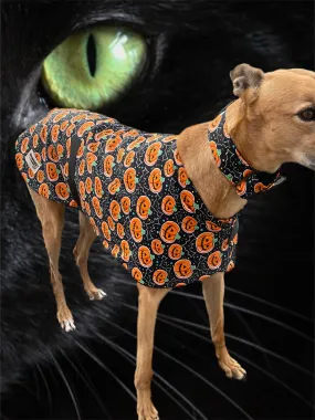 Spooky Halloween fun Greyhound coat design in lightweight cotton and fleece washable