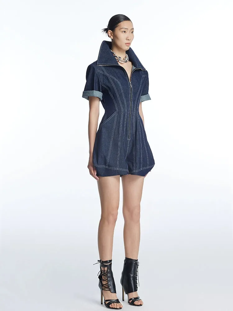 Structured lapel highend tailored denim romper jumpsuit - Mioef