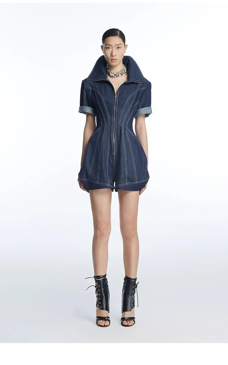 Structured lapel highend tailored denim romper jumpsuit - Mioef