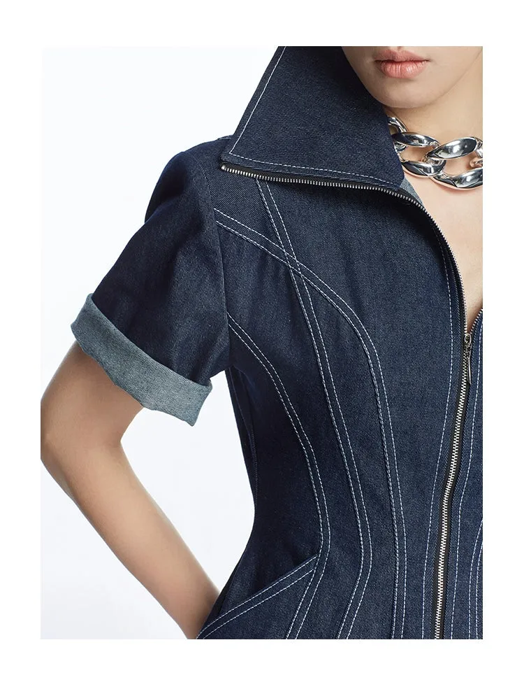 Structured lapel highend tailored denim romper jumpsuit - Mioef