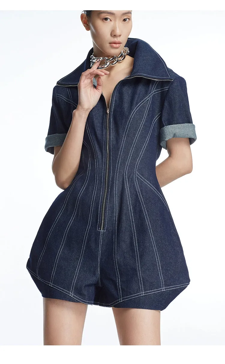 Structured lapel highend tailored denim romper jumpsuit - Mioef