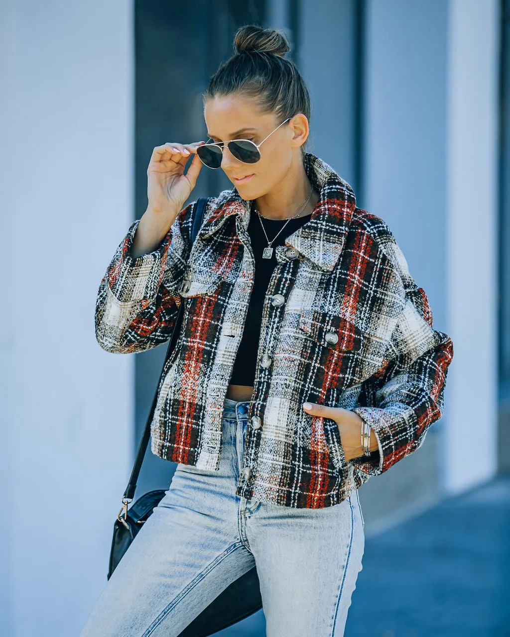 Toleet-Winter and Autumn Outfits Christmas/Thanksgiving_Chancellor Plaid Crop Shacket - Brown Rust