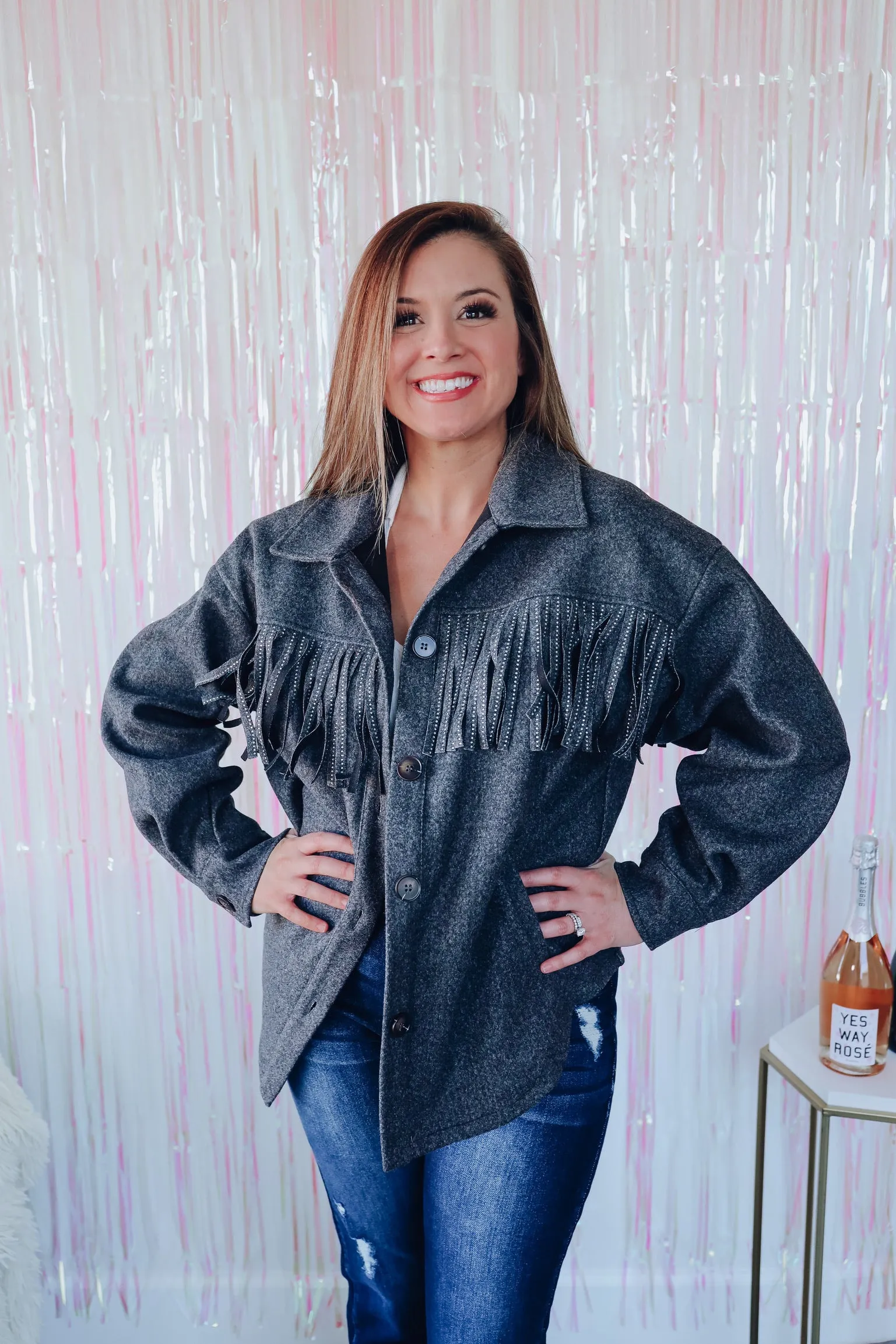 Topeka Studded Fringe Shacket - Charcoal