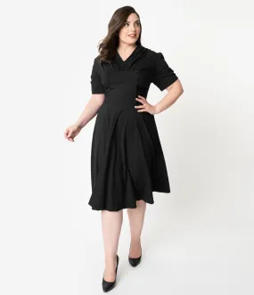 Unique Vintage Plus Size 1940s Style Black Short Sleeve Camilla Midi Dress