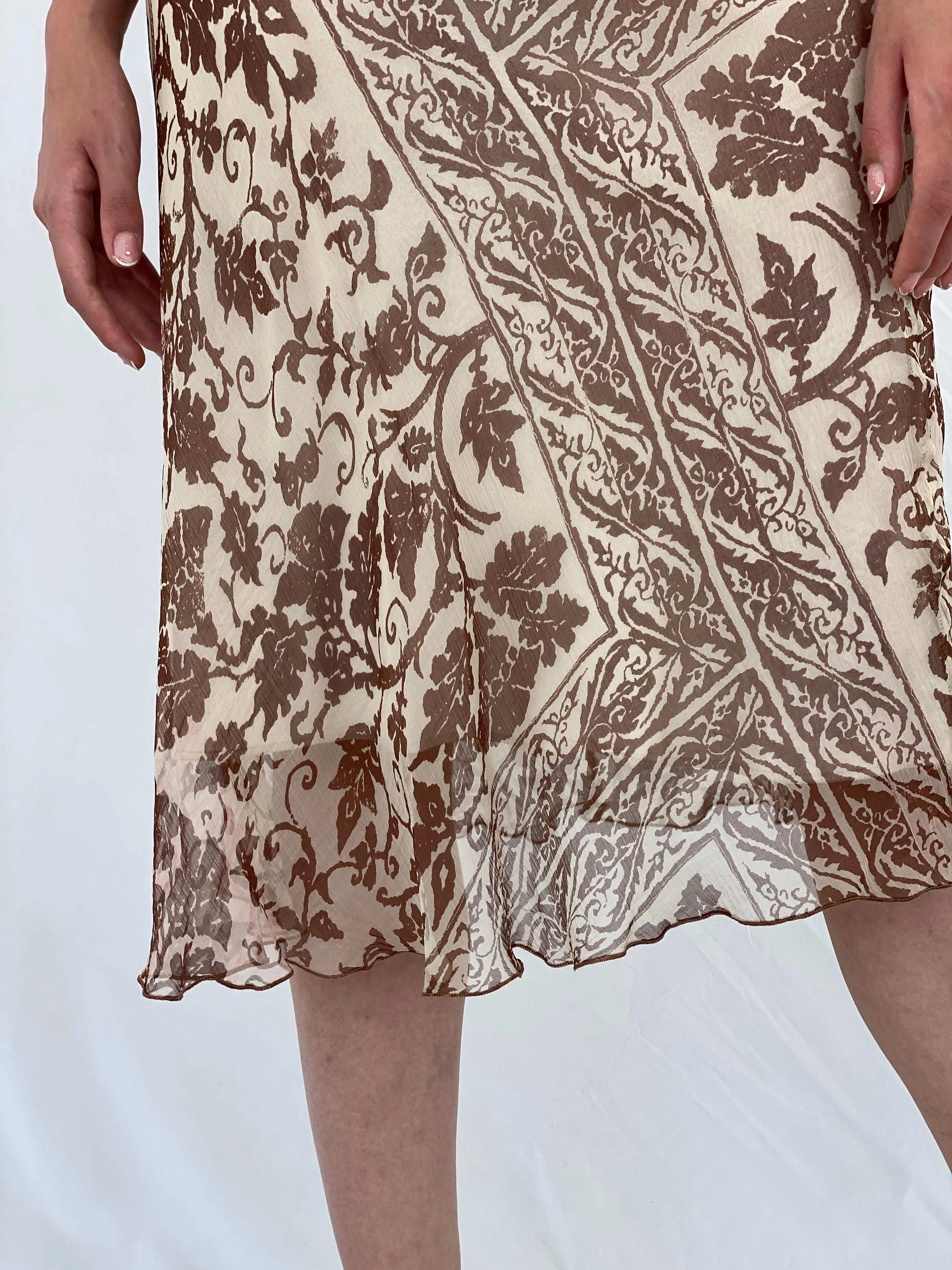 Vintage 90s Sinéquanone Brown and Beige Floral Silk Midi Skirt - M