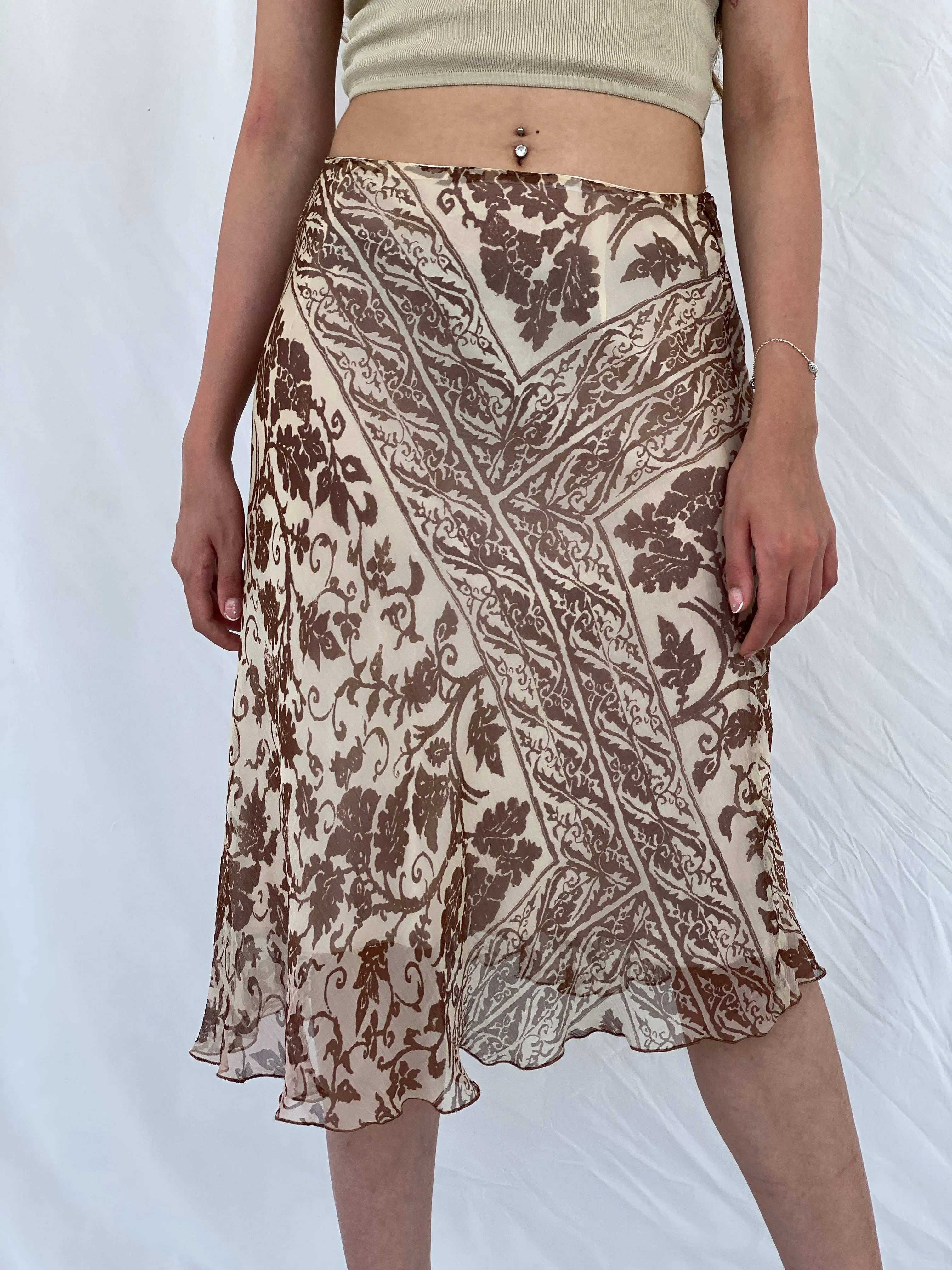 Vintage 90s Sinéquanone Brown and Beige Floral Silk Midi Skirt - M