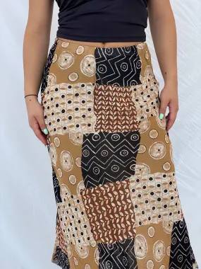 Vintage Handmade Patchwork Boho Brown Midi Elastic Waist Skirt - M