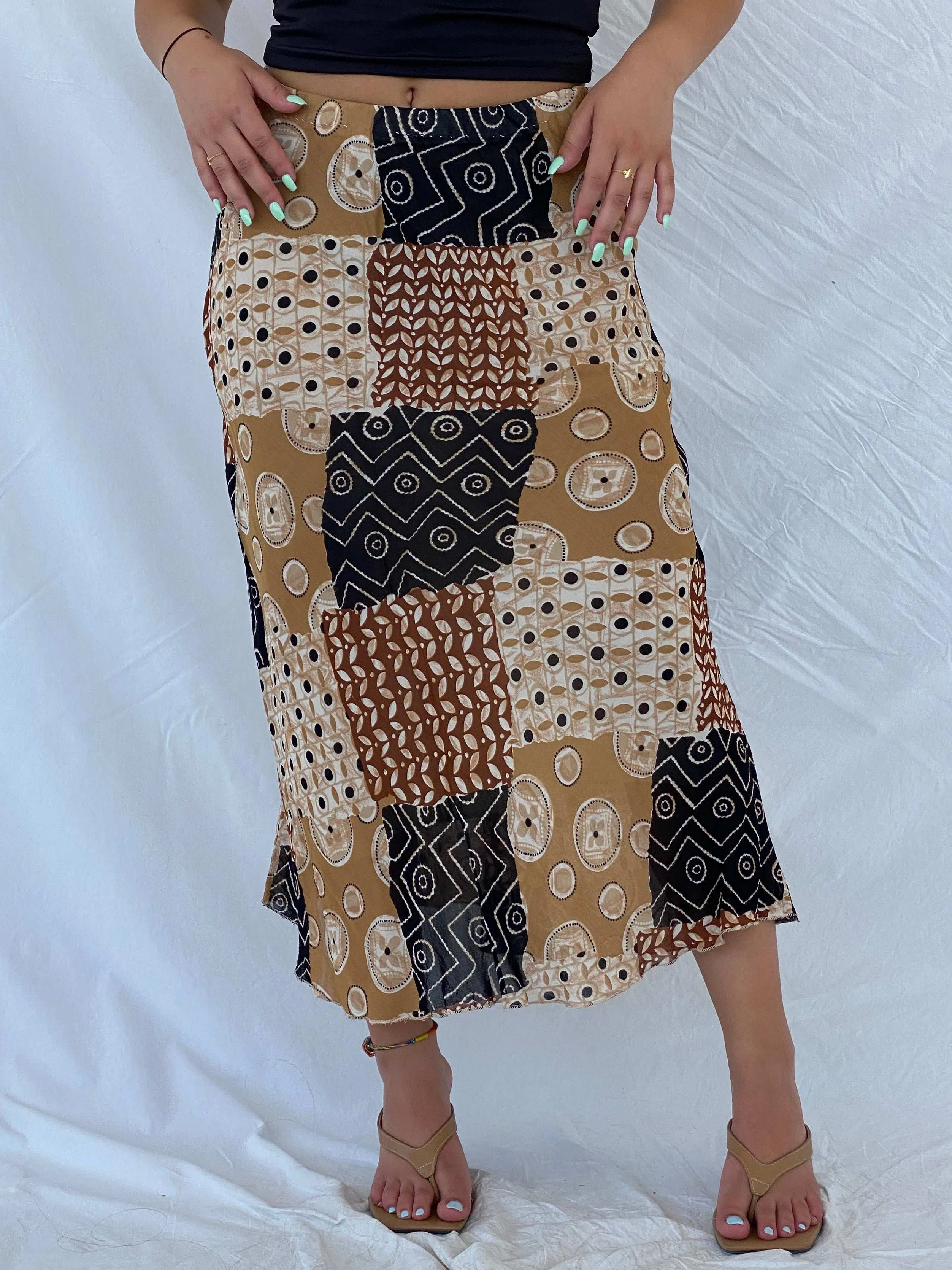 Vintage Handmade Patchwork Boho Brown Midi Elastic Waist Skirt - M