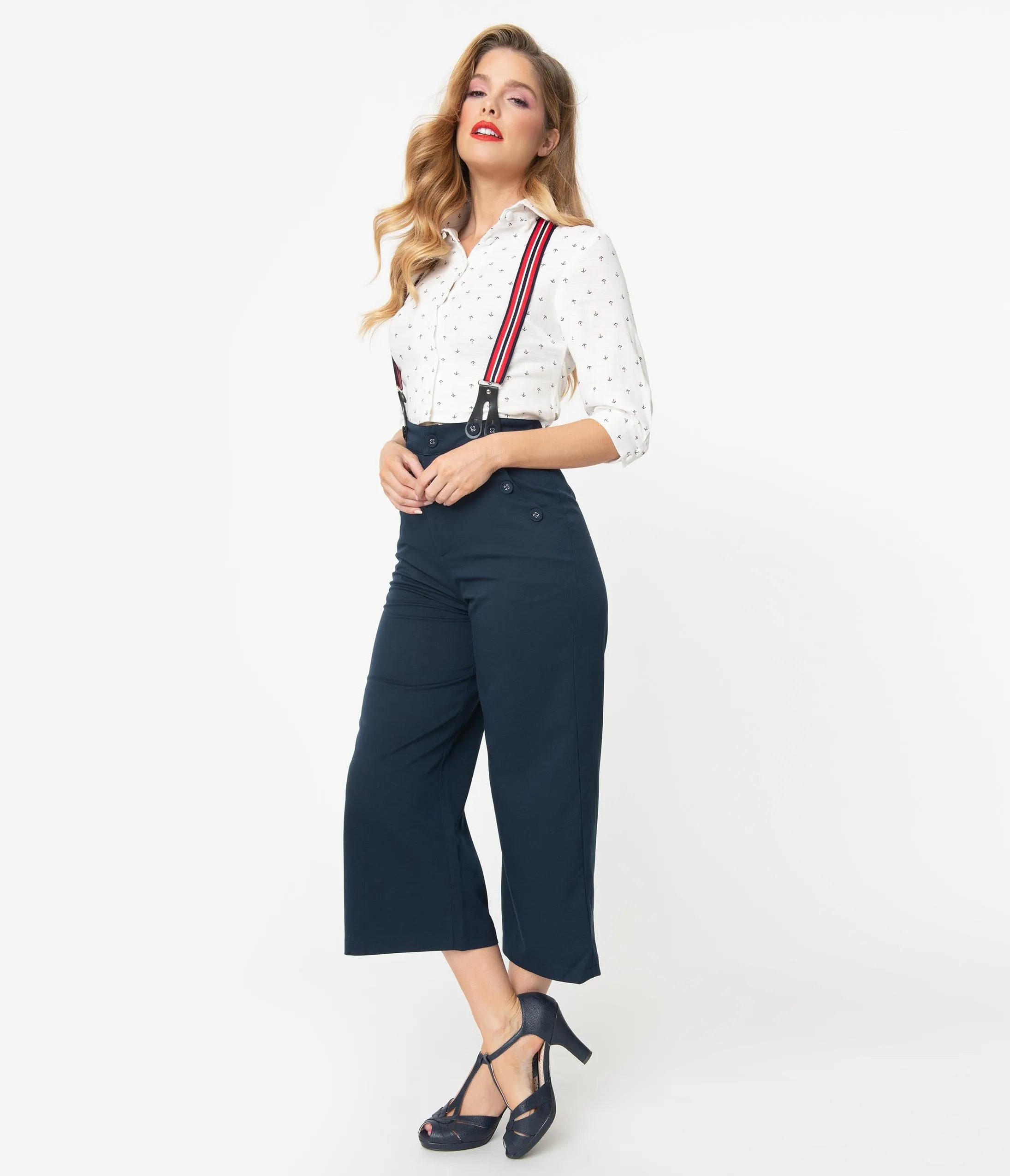 Voodoo Vixen Navy Blue High Waist Culottes with Suspenders