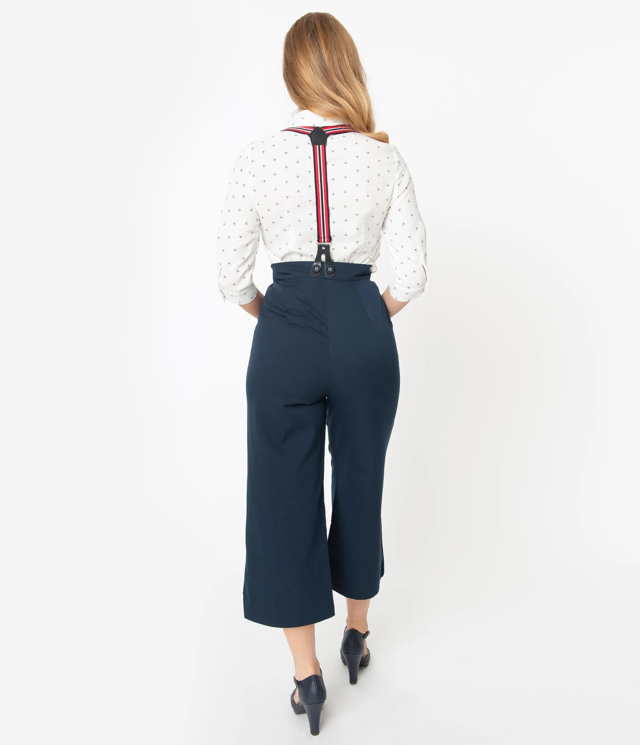 Voodoo Vixen Navy Blue High Waist Culottes with Suspenders